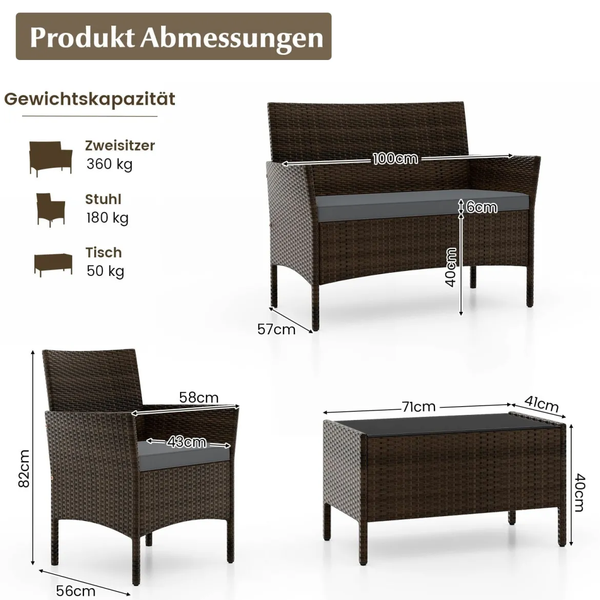Rattan Gartenmöbel Set Sitzgruppe mit 2 Sessel & Bank & Tisch & Sitzkissen Sitzgarnitur Grau