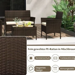 Rattan Gartenmöbel Set Sitzgruppe mit 2 Sessel & Bank & Tisch & Sitzkissen Sitzgarnitur Braun