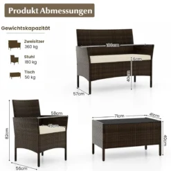 Rattan Gartenmöbel Set Sitzgruppe mit 2 Sessel & Bank & Tisch & Sitzkissen Sitzgarnitur Braun