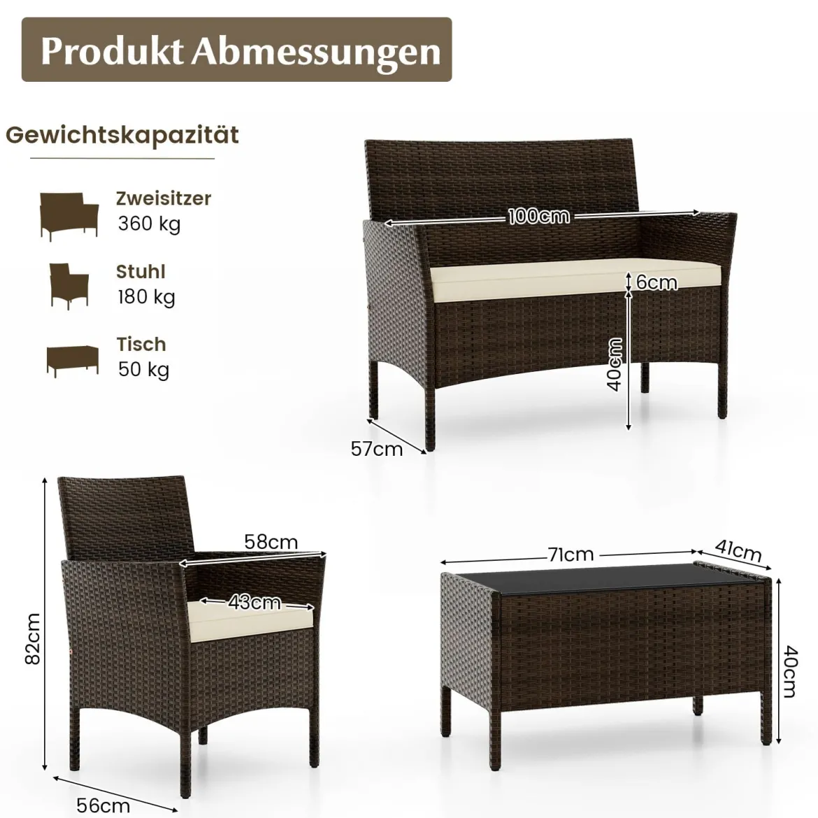 Rattan Gartenmöbel Set Sitzgruppe mit 2 Sessel & Bank & Tisch & Sitzkissen Sitzgarnitur Braun