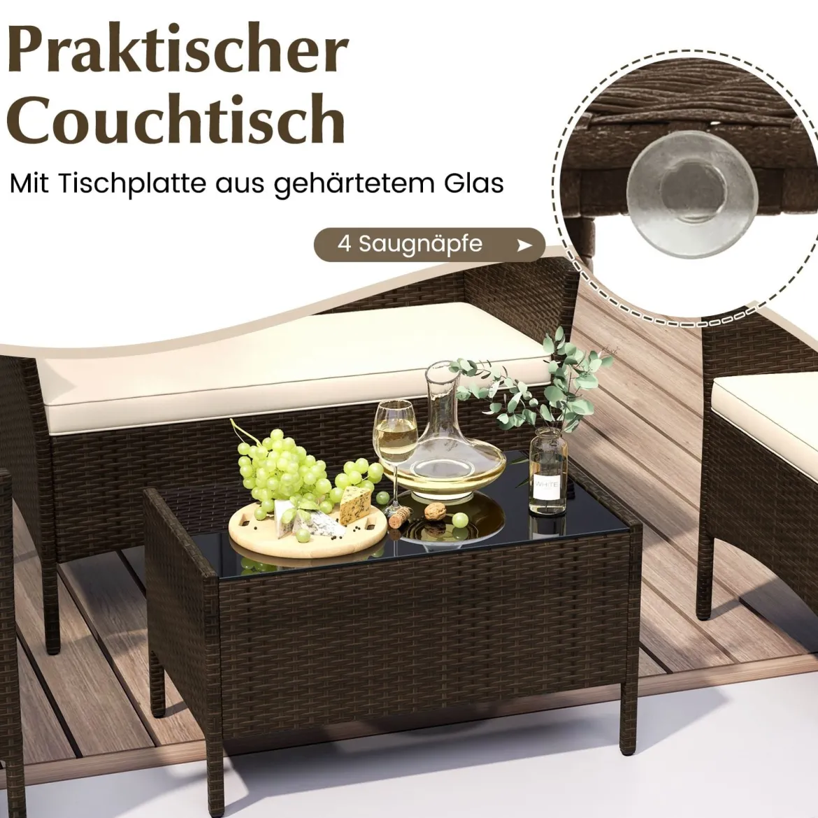Rattan Gartenmöbel Set Sitzgruppe mit 2 Sessel & Bank & Tisch & Sitzkissen Sitzgarnitur Braun