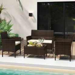 Rattan Gartenmöbel Set Sitzgruppe mit 2 Sessel & Bank & Tisch & Sitzkissen Sitzgarnitur Braun