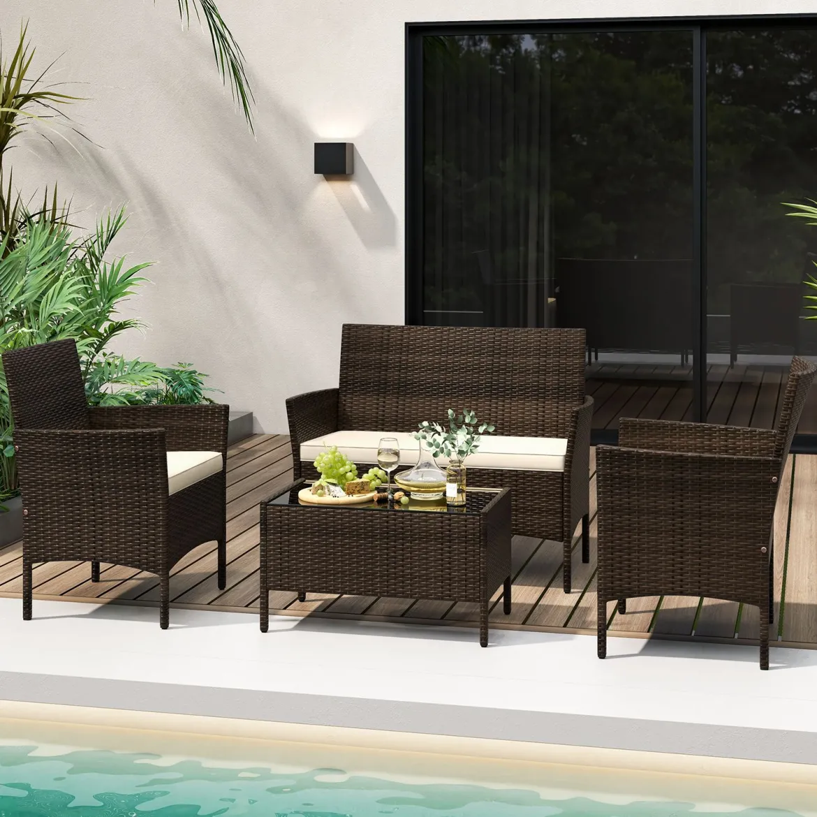 Rattan Gartenmöbel Set Sitzgruppe mit 2 Sessel & Bank & Tisch & Sitzkissen Sitzgarnitur Braun
