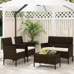 Rattan Gartenmöbel Set Sitzgruppe mit 2 Sessel & Bank & Tisch & Sitzkissen Sitzgarnitur Braun