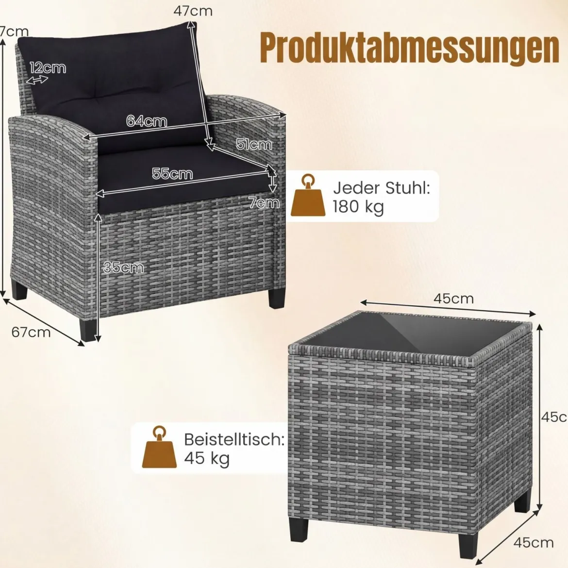 Rattan Gartenmöbel Set 3-Teiliges Balkonmöbel mit 2 Sessel und Tisch mit Sicherheitsglas-Tischplatte