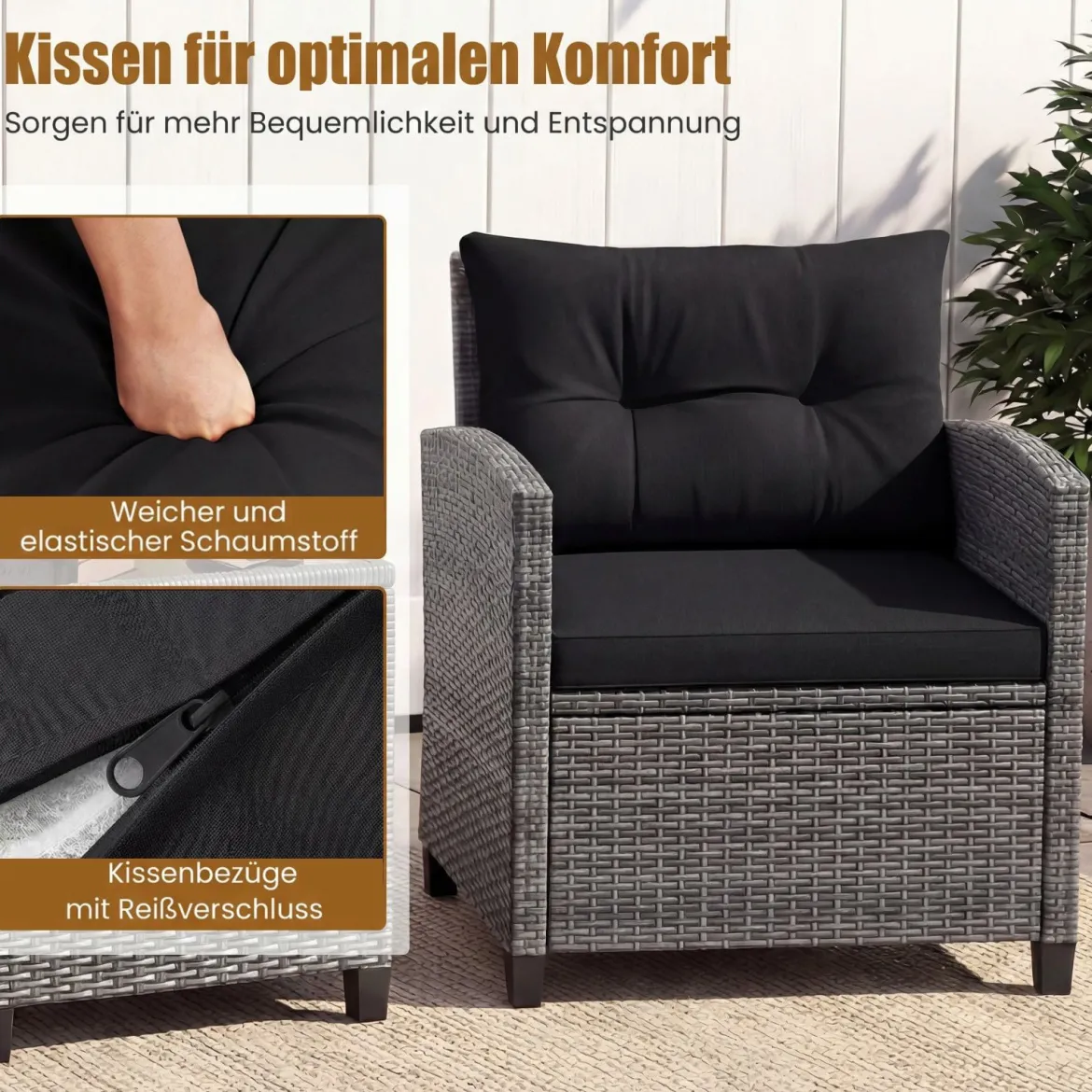 Rattan Gartenmöbel Set 3-Teiliges Balkonmöbel mit 2 Sessel und Tisch mit Sicherheitsglas-Tischplatte