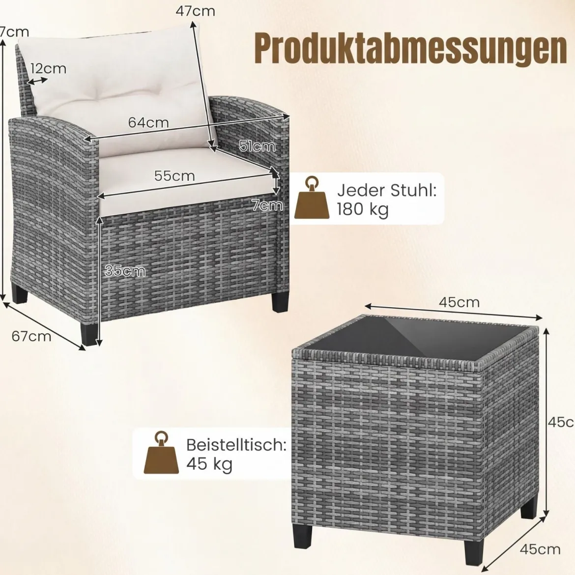 Rattan Gartenmöbel Set 3-Teiliges Balkonmöbel mit 2 Sessel und Tisch mit Sicherheitsglas-Tischplatte