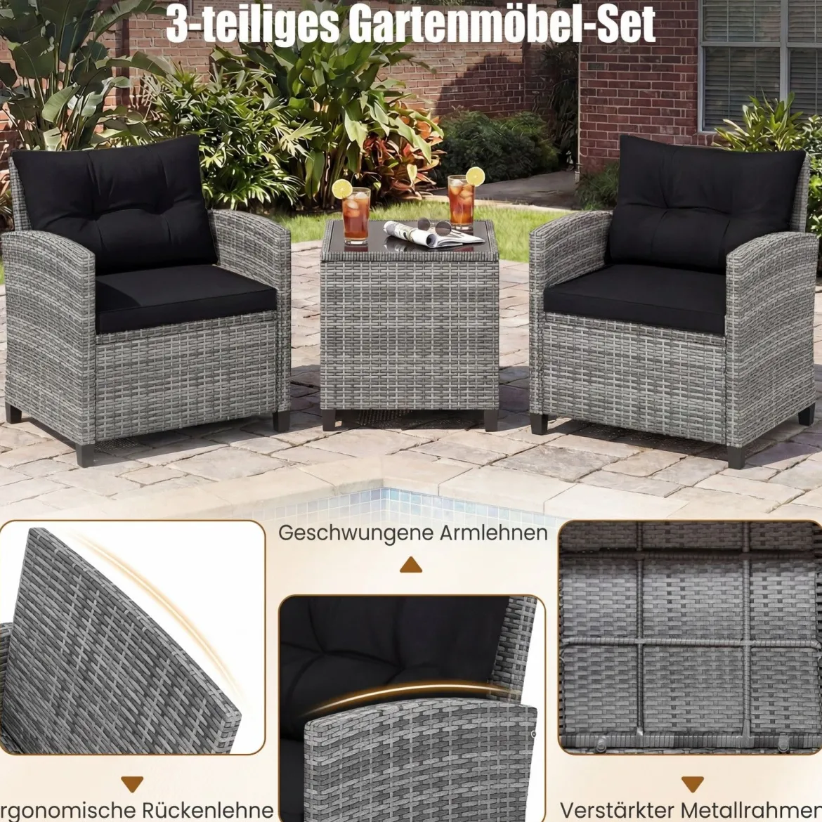 Rattan Gartenmöbel Set 3-Teiliges Balkonmöbel mit 2 Sessel und Tisch mit Sicherheitsglas-Tischplatte