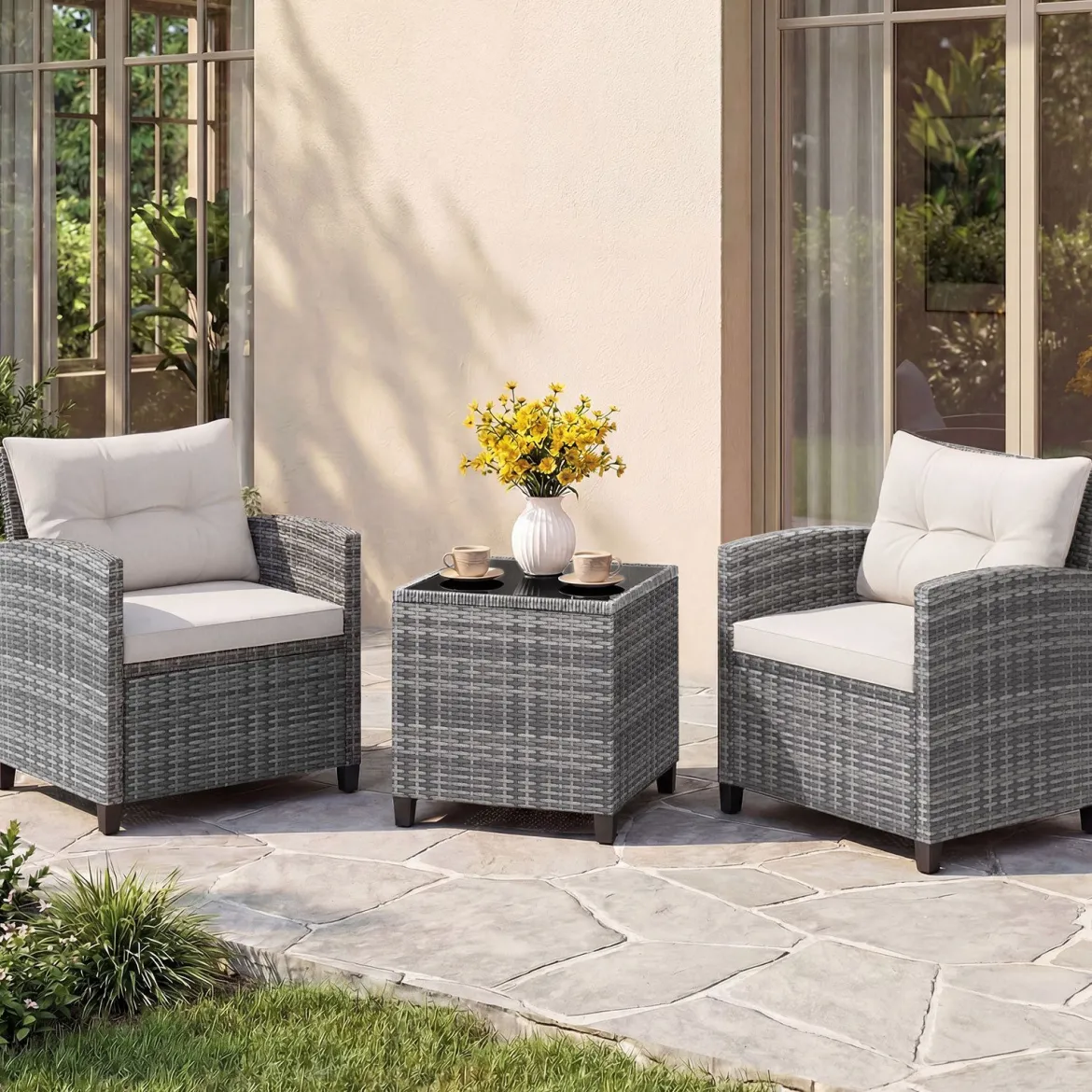 Rattan Gartenmöbel Set 3-Teiliges Balkonmöbel mit 2 Sessel und Tisch mit Sicherheitsglas-Tischplatte