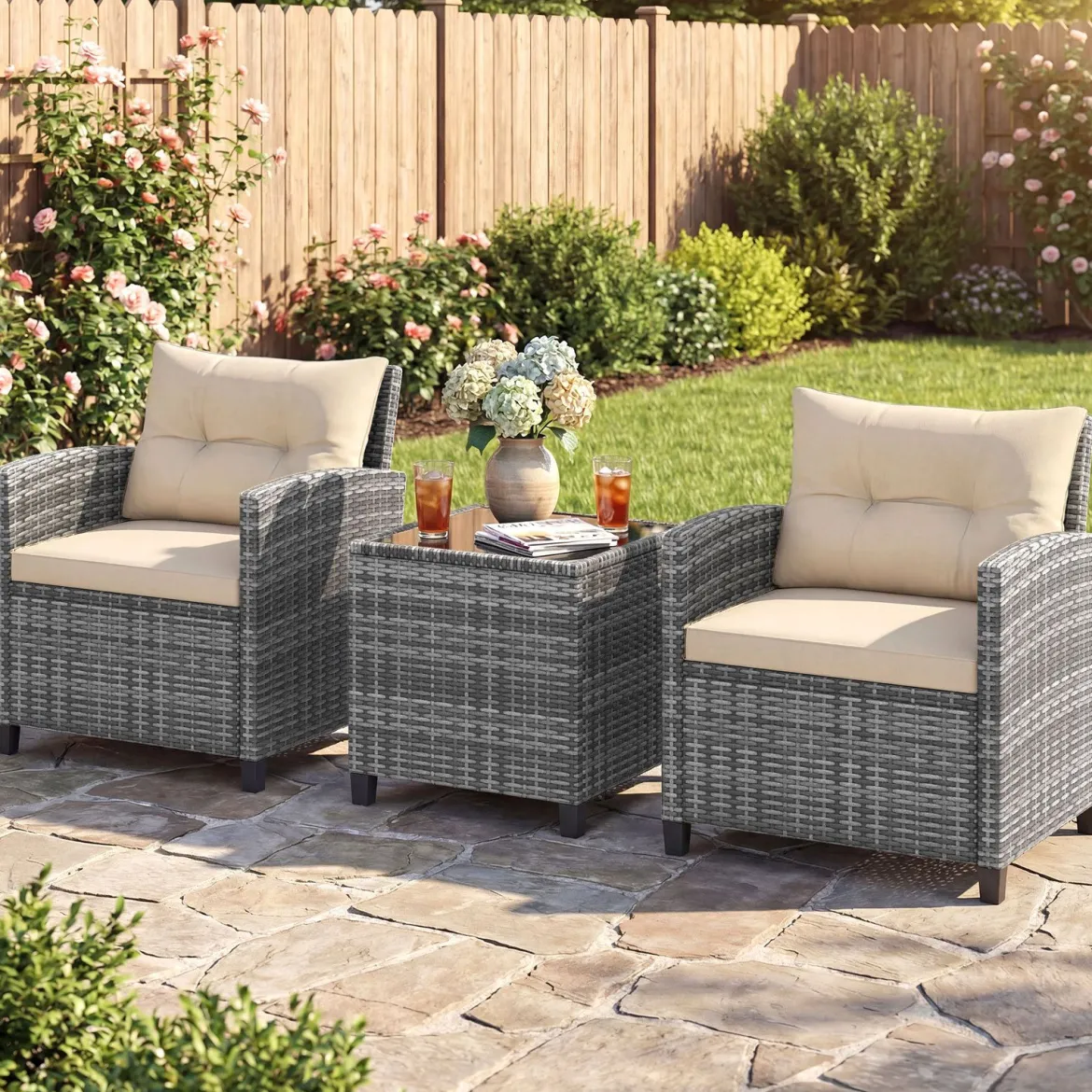 Rattan Gartenmöbel Set 3-Teiliges Balkonmöbel mit 2 Sessel und Tisch mit Sicherheitsglas-Tischplatte