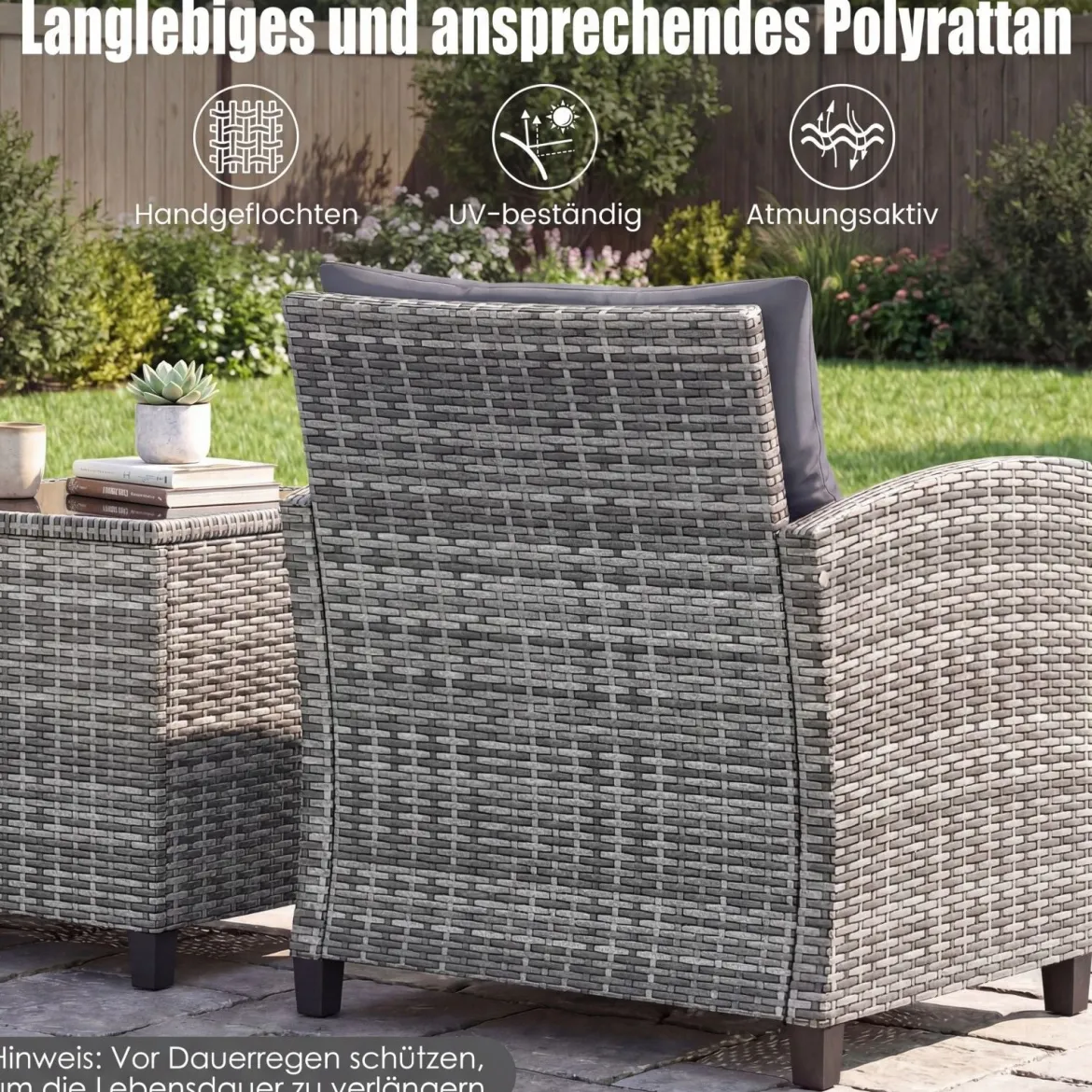 Rattan Gartenmöbel Set 3-Teiliges Balkonmöbel mit 2 Sessel und Tisch mit Sicherheitsglas-Tischplatte