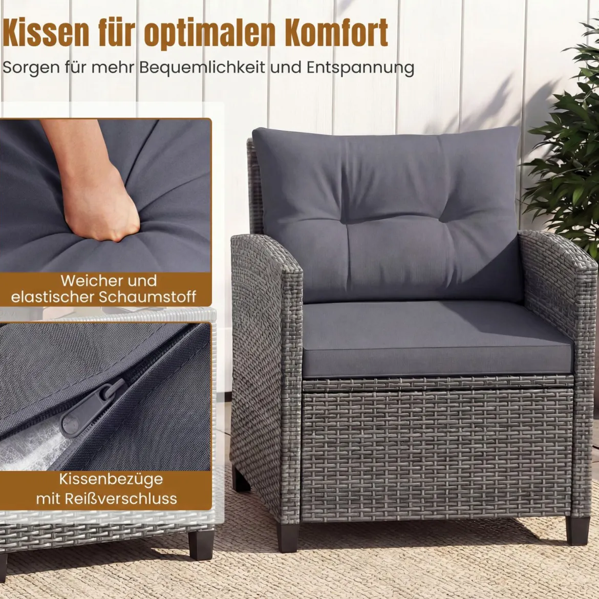 Rattan Gartenmöbel Set 3-teiliges Balkonmöbel mit 2 Sessel und Tisch mit Sicherheitsglas-Tischplatte Grau