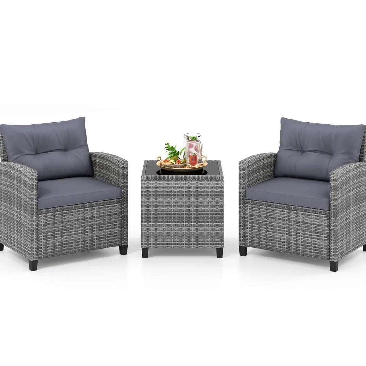 Rattan Gartenmöbel Set 3-teiliges Balkonmöbel mit 2 Sessel und Tisch mit Sicherheitsglas-Tischplatte Grau