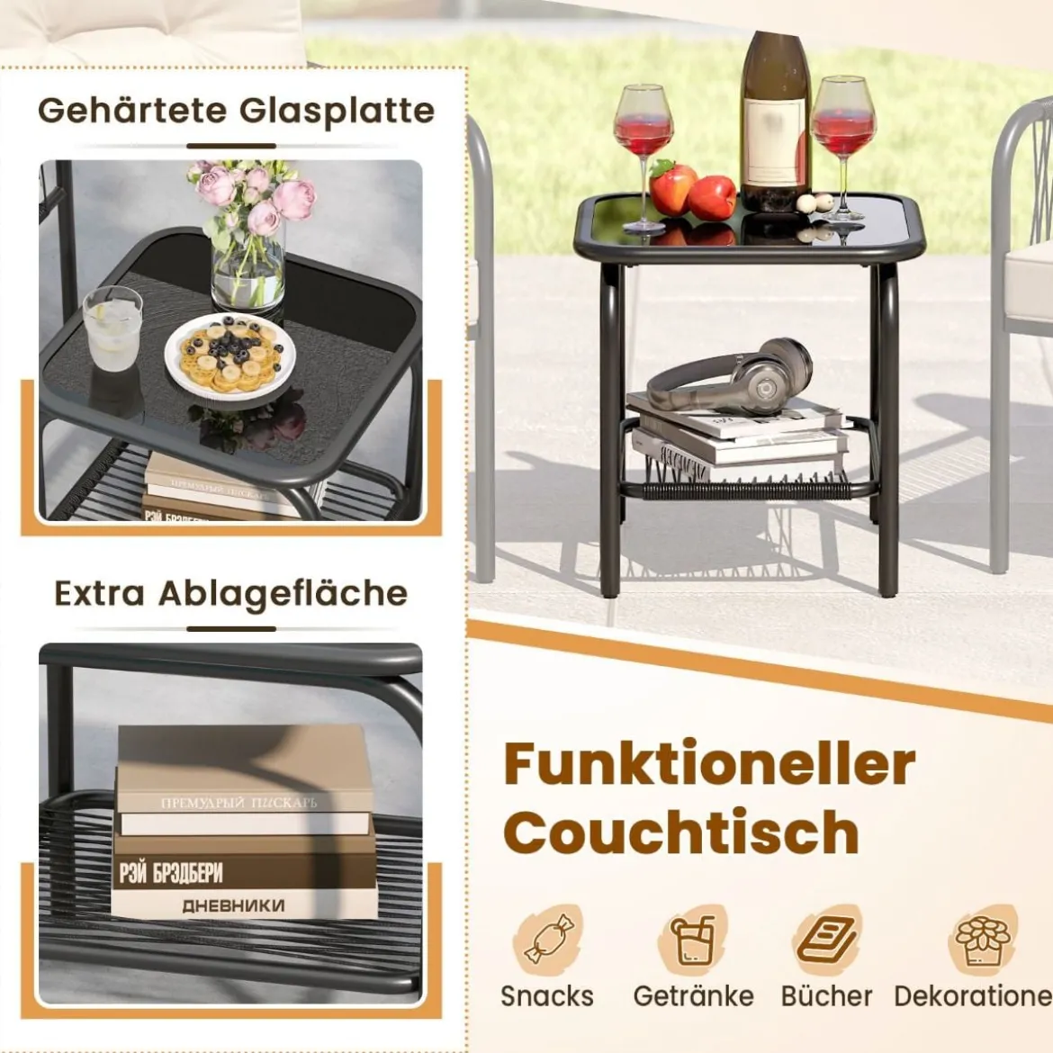 Rattan Gartenmöbel Set 3tlg. Balkonmöbel mit 2 Stühle & Tisch & Kissen Beige
