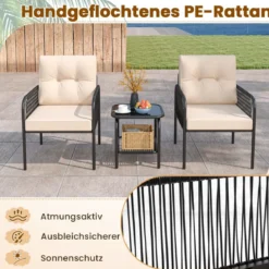 Rattan Gartenmöbel Set 3tlg. Balkonmöbel mit 2 Stühle & Tisch & Kissen Beige