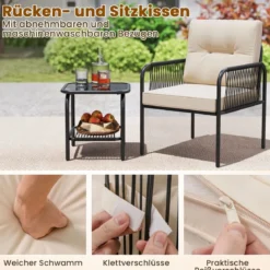 Rattan Gartenmöbel Set 3tlg. Balkonmöbel mit 2 Stühle & Tisch & Kissen Beige