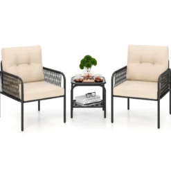 Rattan Gartenmöbel Set 3tlg. Balkonmöbel mit 2 Stühle & Tisch & Kissen Beige