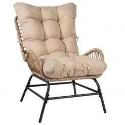 Rattan Gartenstuhl mit Dickem Kissen Rattanstuhl bis 150 kg Belastbar Gartensessel Khaki