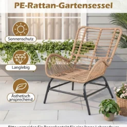Rattan Gartenstuhl mit Dickem Kissen Rattanstuhl bis 150 kg Belastbar Gartensessel Khaki