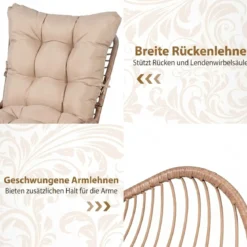 Rattan Gartenstuhl mit Dickem Kissen Rattanstuhl bis 150 kg Belastbar Gartensessel Khaki