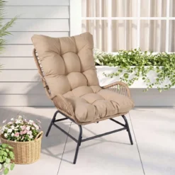 Rattan Gartenstuhl mit Dickem Kissen Rattanstuhl bis 150 kg Belastbar Gartensessel Khaki