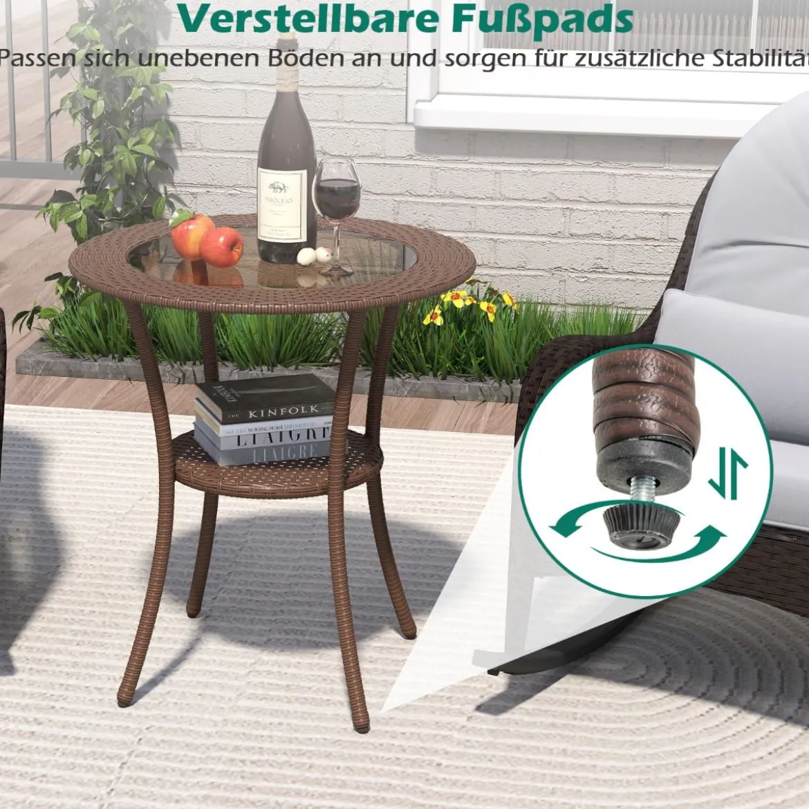 Rattan Gartentisch mit Glasplatte & Ablage Runder Bistrotisch Terrassentisch Balkontisch
