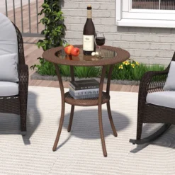 Rattan Gartentisch mit Glasplatte & Ablage Runder Bistrotisch Terrassentisch Balkontisch