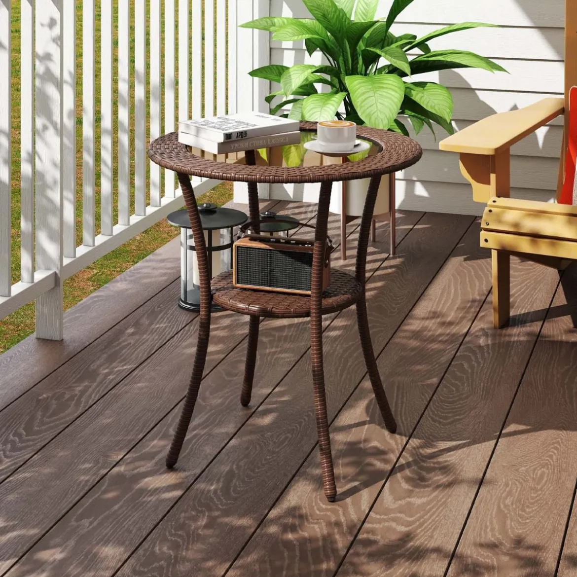 Rattan Gartentisch mit Glasplatte & Ablage Runder Bistrotisch Terrassentisch Balkontisch