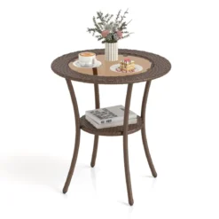Rattan Gartentisch mit Glasplatte & Ablage Runder Bistrotisch Terrassentisch Balkontisch