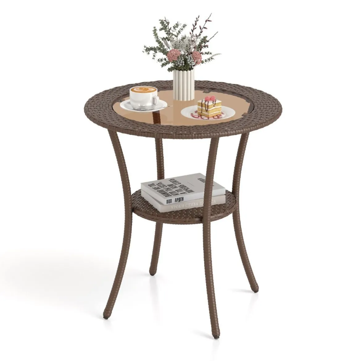 Rattan Gartentisch mit Glasplatte & Ablage Runder Bistrotisch Terrassentisch Balkontisch