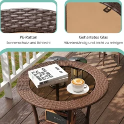 Rattan Gartentisch mit Glasplatte & Ablage Runder Bistrotisch Terrassentisch Balkontisch
