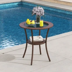Rattan Gartentisch mit Glasplatte & Ablage Runder Bistrotisch Terrassentisch Balkontisch