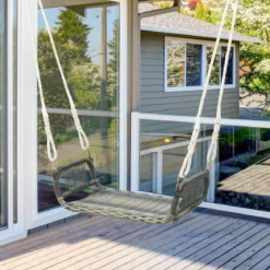 Rattan Hängesessel mit 2 Hanfseilen Wetterfester Hängestuhl Belastbar bis 180kg Schaukelsitz