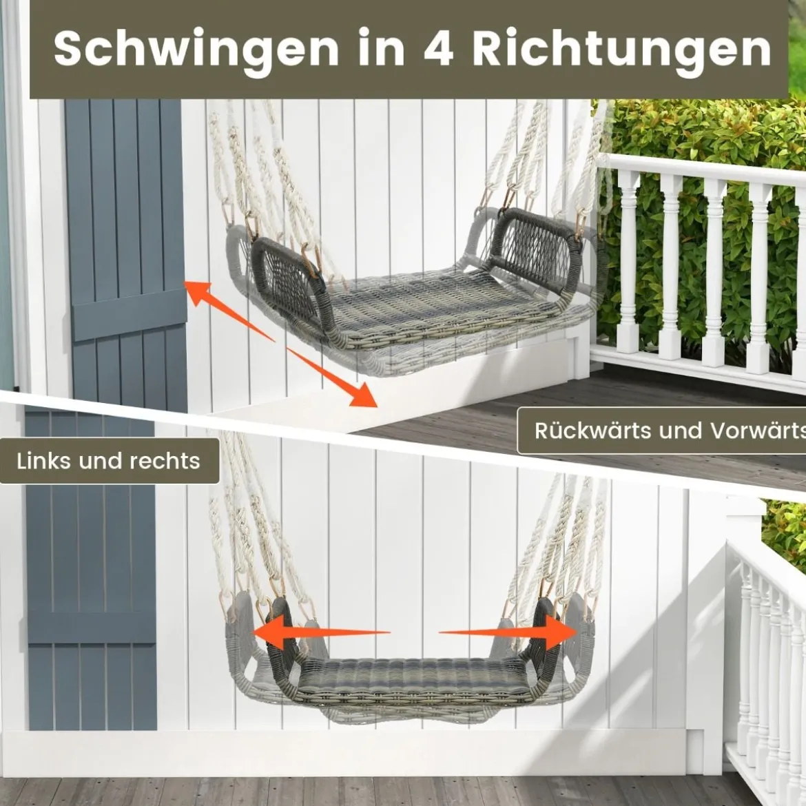 Rattan Hängesessel mit 2 Hanfseilen Wetterfester Hängestuhl Belastbar bis 180kg Schaukelsitz