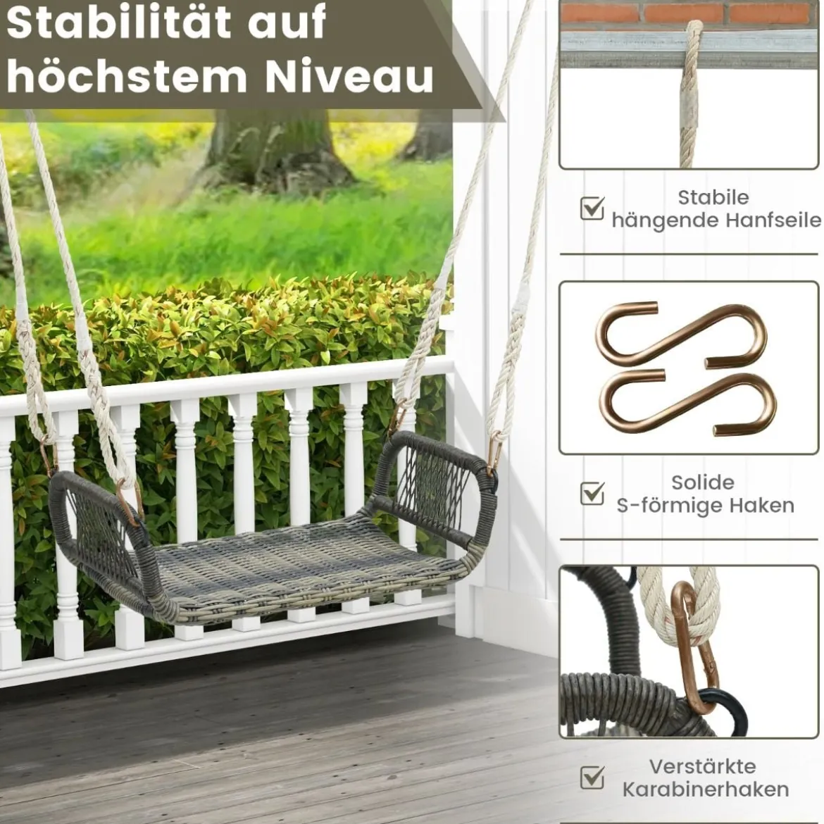Rattan Hängesessel mit 2 Hanfseilen Wetterfester Hängestuhl Belastbar bis 180kg Schaukelsitz