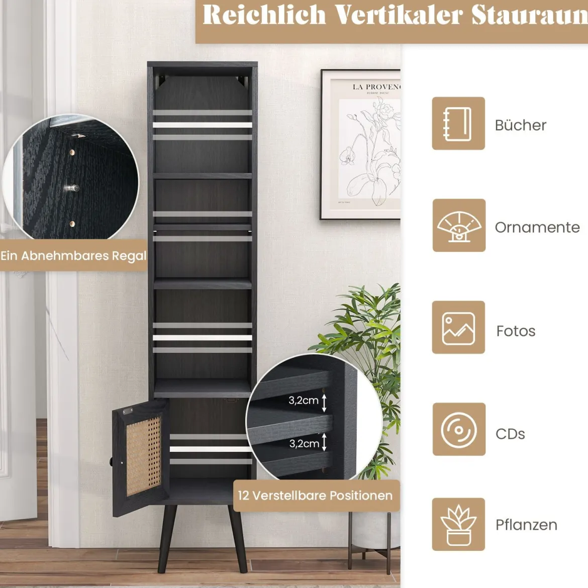 Rattan Hochschrank Bücherregal mit 4 Ablagen & Rattantür Kommode Boho Style Schwarz