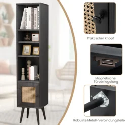 Rattan Hochschrank Bücherregal mit 4 Ablagen & Rattantür Kommode Boho Style Schwarz