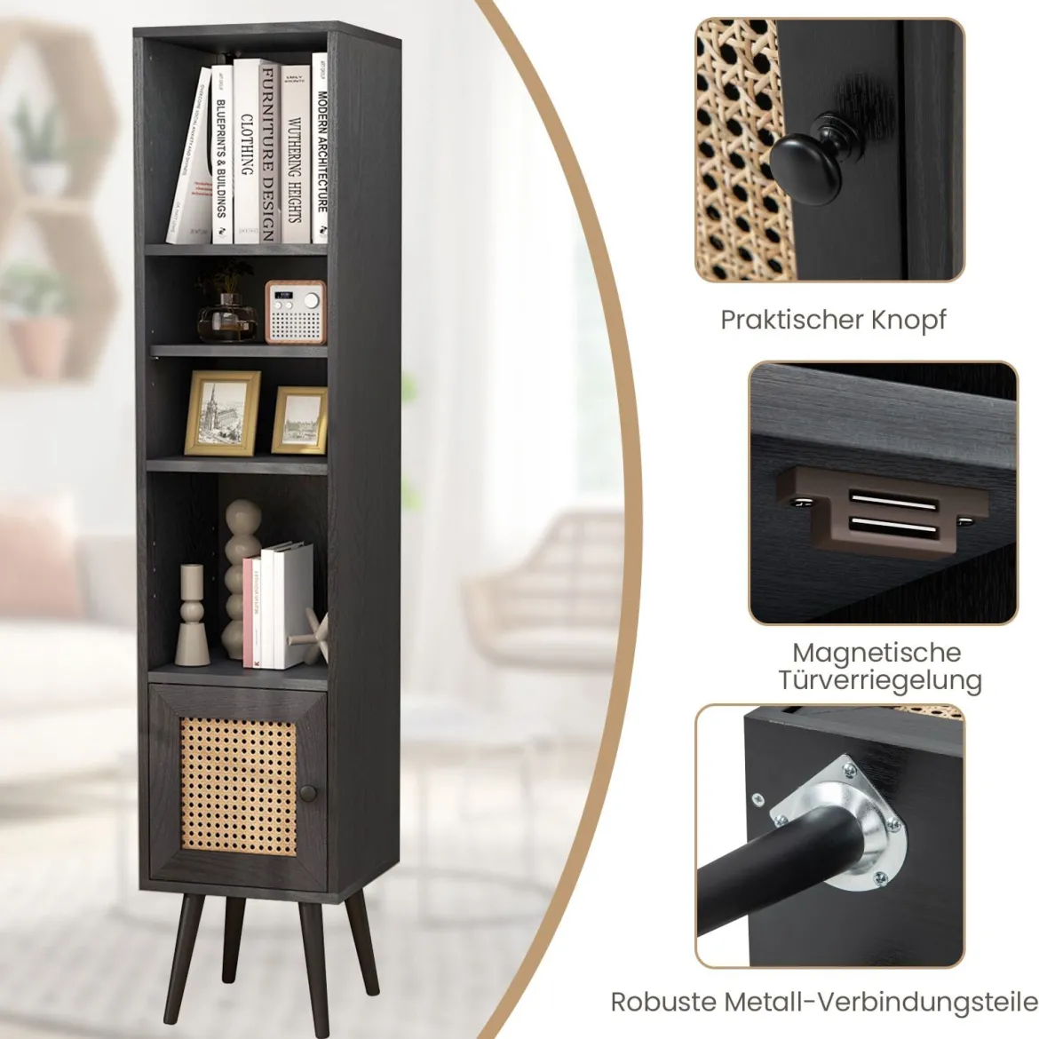 Rattan Hochschrank Bücherregal mit 4 Ablagen & Rattantür Kommode Boho Style Schwarz