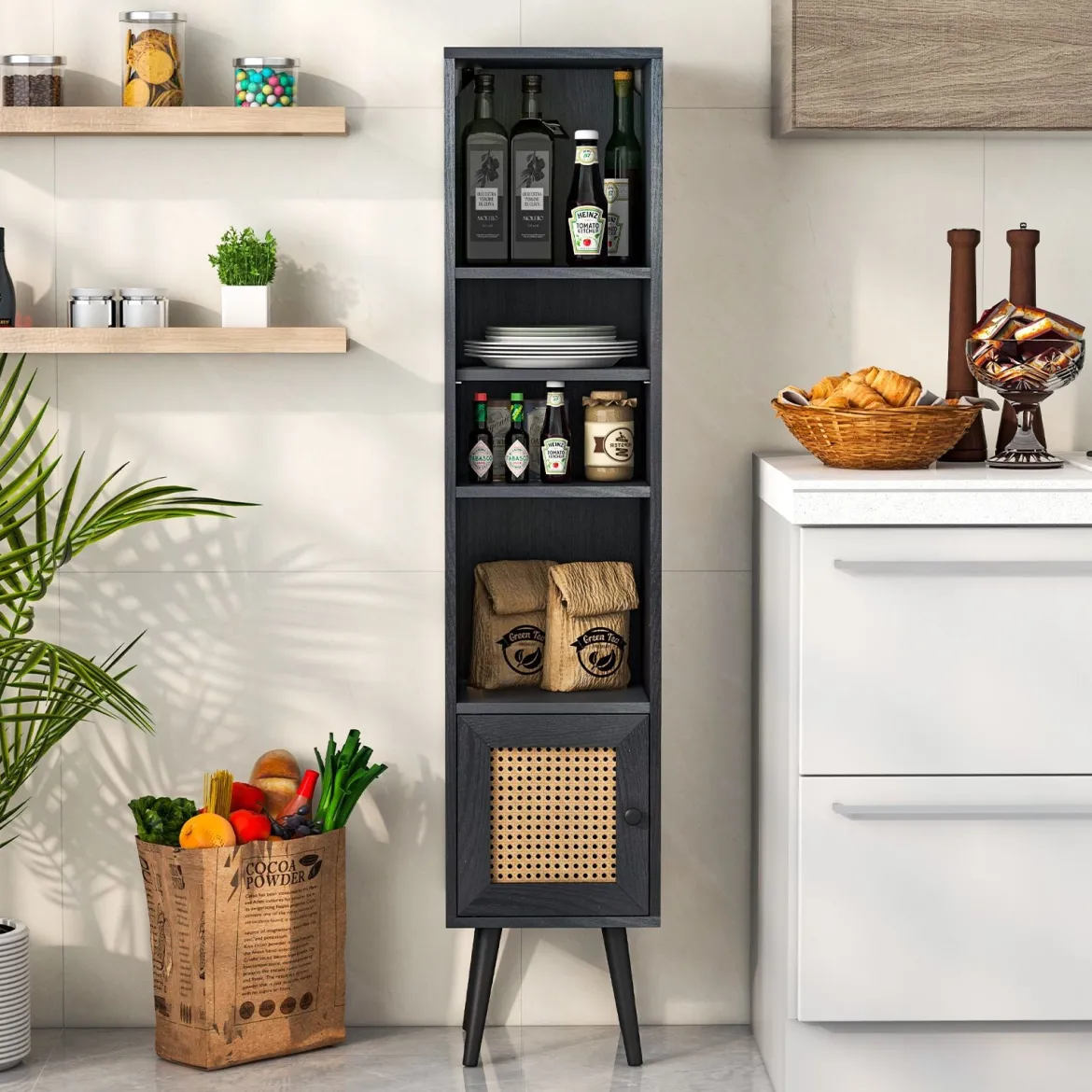 Rattan Hochschrank Bücherregal mit 4 Ablagen & Rattantür Kommode Boho Style Schwarz