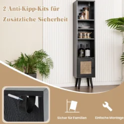 Rattan Hochschrank Bücherregal mit 4 Ablagen & Rattantür Kommode Boho Style Schwarz