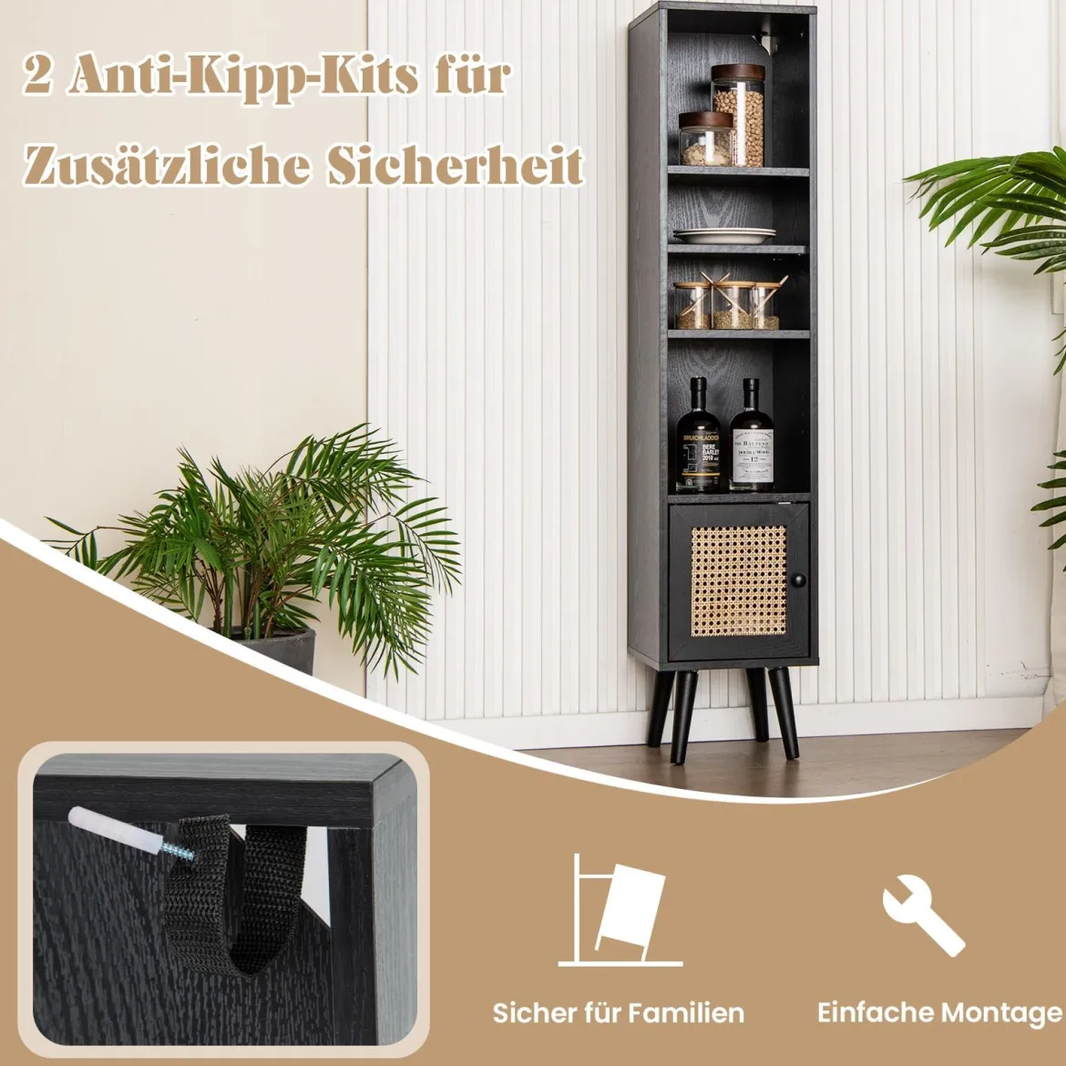 Rattan Hochschrank Bücherregal mit 4 Ablagen & Rattantür Kommode Boho Style Schwarz