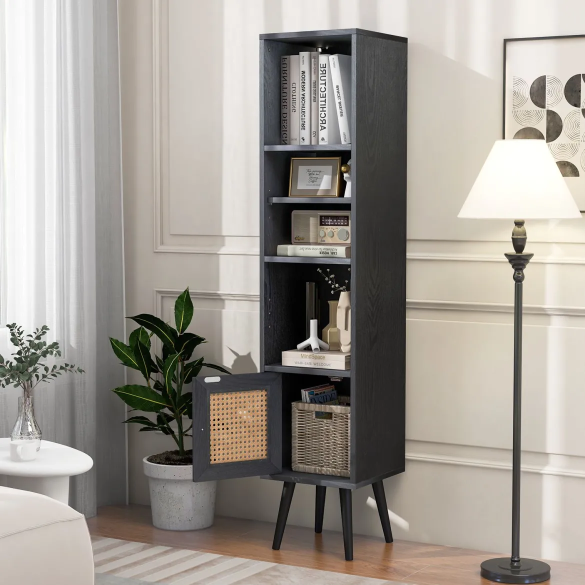 Rattan Hochschrank Bücherregal mit 4 Ablagen & Rattantür Kommode Boho Style Schwarz