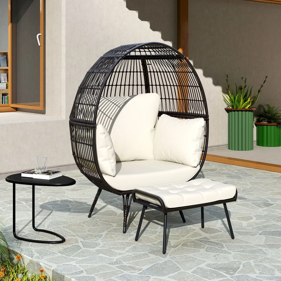 Rattan Korbsessel mit Hocker Übergroßer Gartensessel mit Kissen XXL Rattansessel