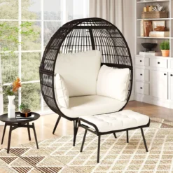 Rattan Korbsessel mit Hocker Übergroßer Gartensessel mit Kissen XXL Rattansessel
