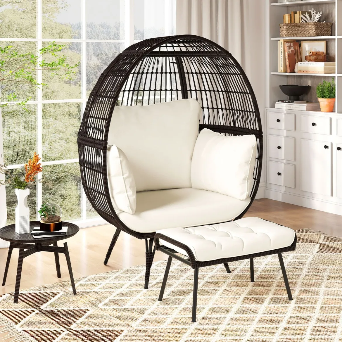 Rattan Korbsessel mit Hocker Übergroßer Gartensessel mit Kissen XXL Rattansessel
