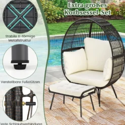 Rattan Korbsessel mit Hocker Übergroßer Gartensessel mit Kissen XXL Rattansessel