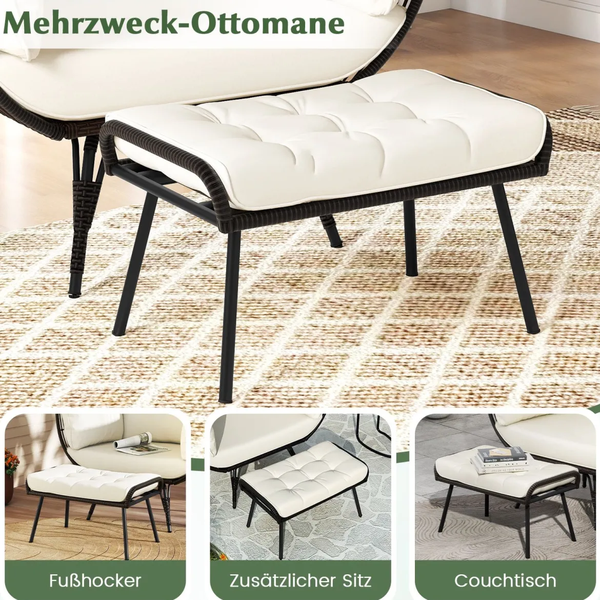 Rattan Korbsessel mit Hocker Übergroßer Gartensessel mit Kissen XXL Rattansessel