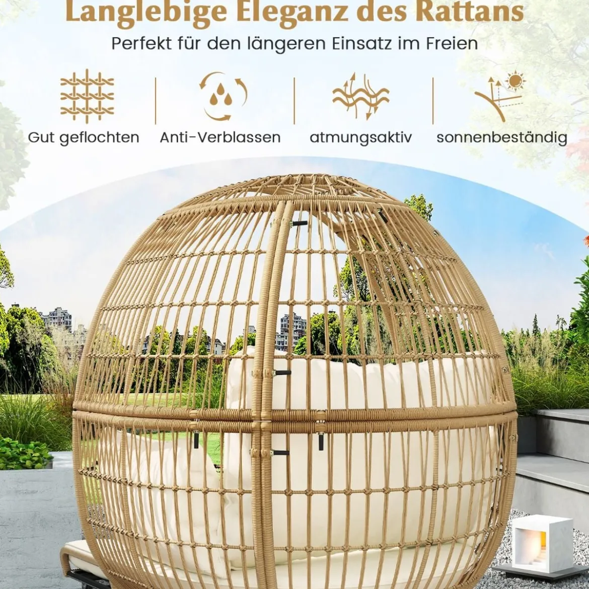 Rattan Korbsessel mit Hocker Übergroßer Gartensessel mit Kissen XXL Rattansessel Weiß