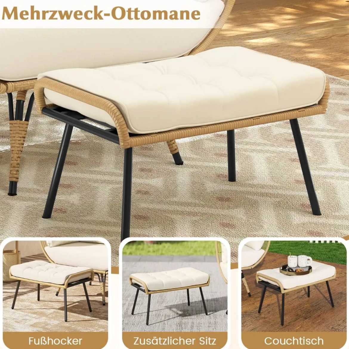 Rattan Korbsessel mit Hocker Übergroßer Gartensessel mit Kissen XXL Rattansessel Weiß
