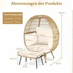 Rattan Korbsessel mit Hocker Übergroßer Gartensessel mit Kissen XXL Rattansessel Weiß